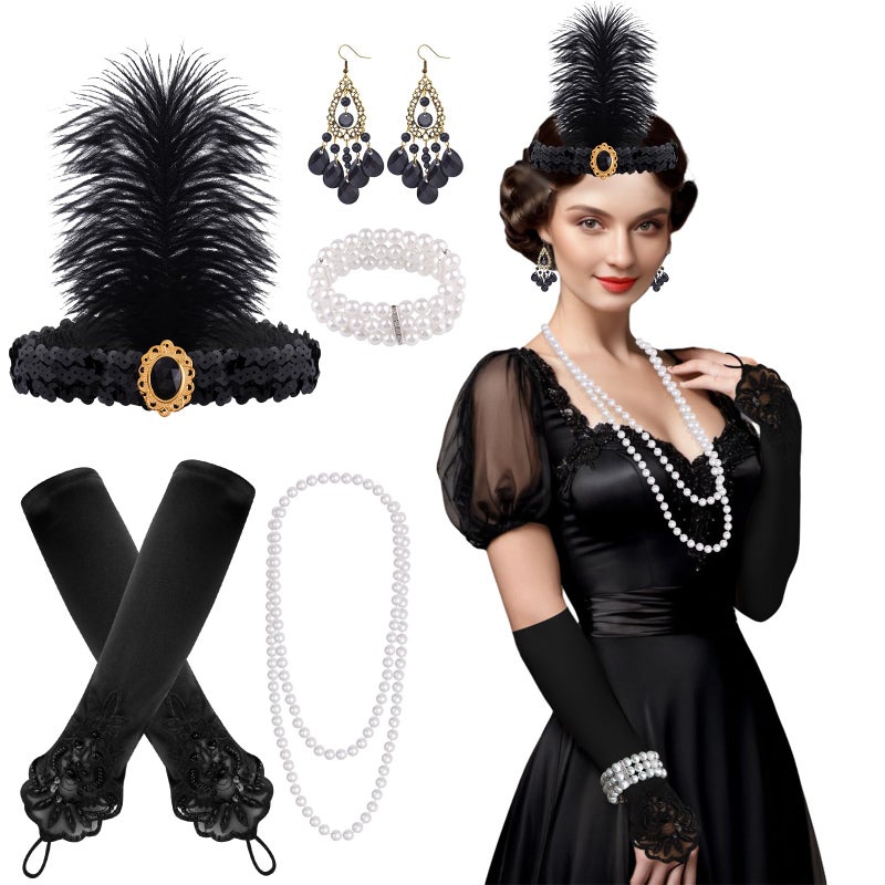 FEPITO 8 Pcs 1920s Flapper Great Gatsby Accessories Set Flapper Headband Necklace Earrings Long Black Gloves Boa Cigarette Holder Theme Party Accessories for Womenï¼ˆSet Eï¼‰ - Image 1